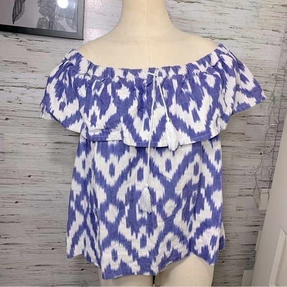 MADEWELL White Blue Southwestern Off Shoulder Top Coastal Pullover Blouse Sz M - Picture 11 of 11
